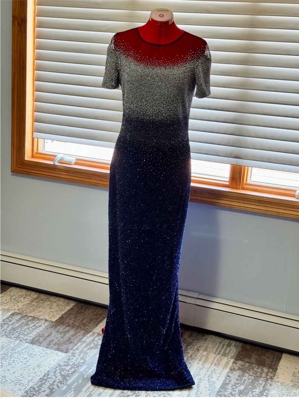 Pamella Roland Silver & Navy Sparkle Ombre Maxi Dress